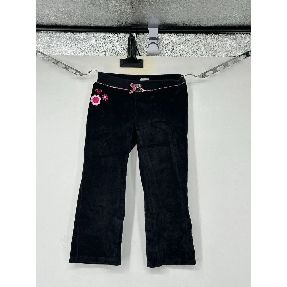 Roxy Girl Velour Track Pants Infan  L/G blac Y2K Flare Leg embroidered‎ Lounge